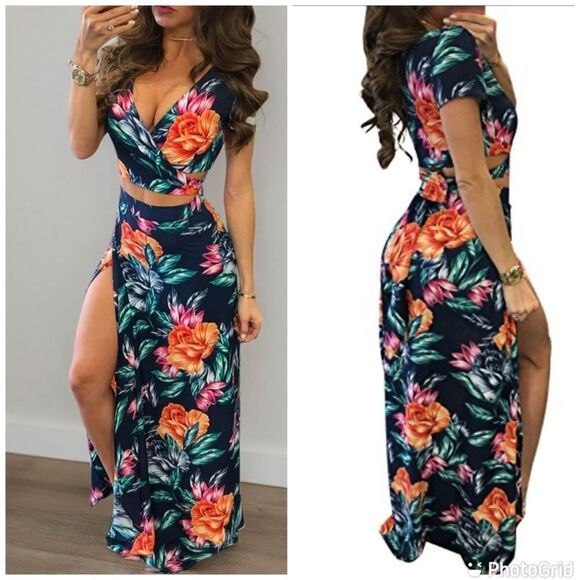 Sexy Wrapped Crop Top Skirt Set Party Club Maxi Strap top Deep V Neck 2P… - Picture 1 of 12
